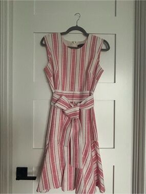 J. Crew Red and Cream Striped Tie-Waist Midi Dress